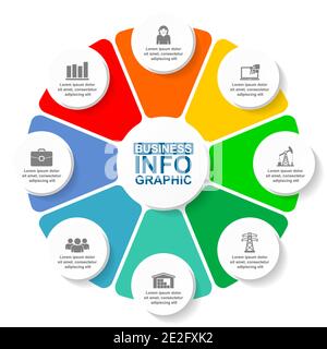 Modello colorato vettoriale infografico per presentazione, grafico a torta, diagramma, grafico, concetto aziendale con 8 opzioni Illustrazione Vettoriale