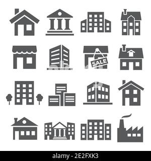 Edifici e Case icone su sfondo bianco Illustrazione Vettoriale