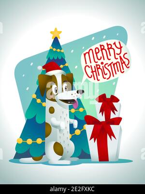 Carino cane con regali di festa e bolla di parola che dice Buon Natale. Jack elegante russell terrier cane sullo sfondo di un albero di Natale. Inverno S Illustrazione Vettoriale