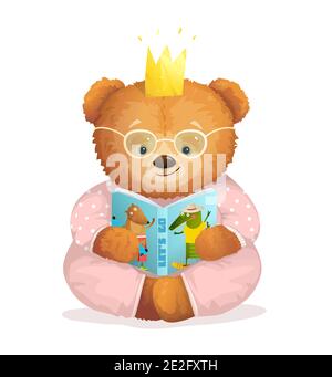 Libro di lettura della principessa dell'orso del teddy della ragazza in Pajamas Illustrazione Vettoriale