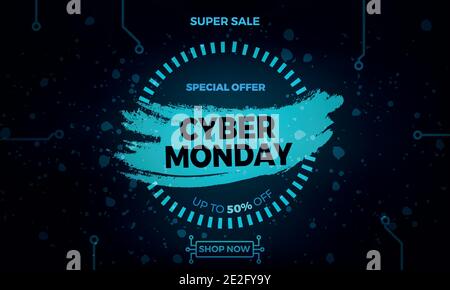 Copertura per la vendita del lunedì cibernetico. Banner Vector lungo per gli sconti del Cyber Monday. Design pubblicitario moderno con schema a circuito stampato e griglia su buio Illustrazione Vettoriale