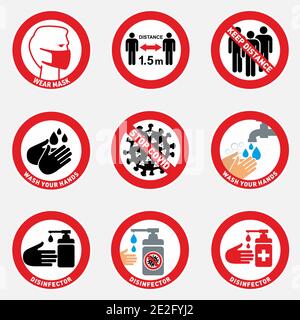 Icone infografiche di Corona virus set. Concetto con misure di sicurezza protettive e precauzioni segnali di avvertimento icone antivirus relative al coronavirus, 2019 Illustrazione Vettoriale