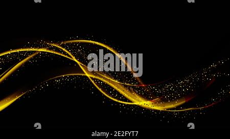 Design astratto delle strisce d'oro. Linee in movimento dorate lucide con effetto glitter su sfondo scuro Illustrazione Vettoriale