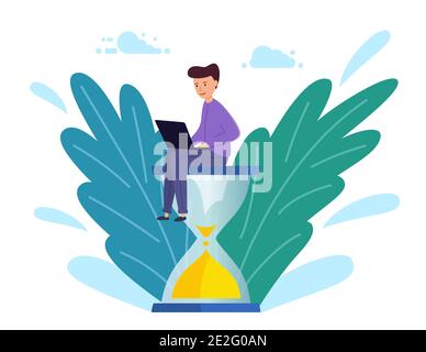 Young Man si siede su una clessidra e lavora su un computer portatile. Processo aziendale, scadenza, lavoro di punta. Illustrazione vettoriale in stile moderno piatto Illustrazione Vettoriale