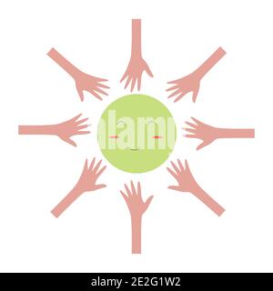 Coesione sociale intorno a un pianeta felice Terra. Le mani della gente sono unite in un cerchio. Giornata di solidarietà delle persone. Illustratio isolato vettoriale colorato Illustrazione Vettoriale