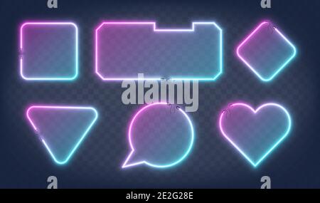 Insieme di cornici al neon realistiche e luminose di forme diverse isolate su sfondo trasparente. Effetto neon brillante e brillante. Ogni fotogramma è separato Illustrazione Vettoriale
