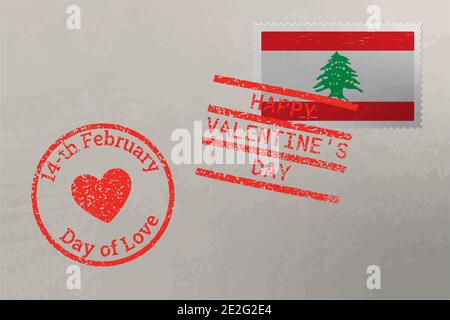 Busta con francobollo con bandiera del Libano e francobolli di San Valentino, vettore Illustrazione Vettoriale