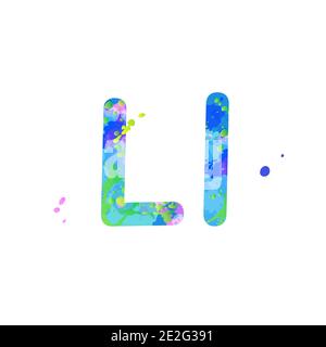 Lettere L maiuscola e minuscola con effetto di macchie liquide di vernice nei colori blu, verde, rosa, isolate su sfondo bianco. Elemento decorativo per la progettazione di volantini, poster, copertina, titolo. Vettore Illustrazione Vettoriale