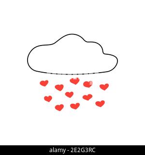 Nuvola con cuori rossi che cadono. Pioggia di cuori rossi. Illustrazione vettoriale isolata in stile doodle disegnato a mano. Buon giorno di San Valentino. Illustrazione Vettoriale