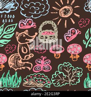 Disegno per bambini senza interruzioni. Pastelli di cera colorati. Icone, segni, simboli, perni. Elementi forestali. Funghi, cespugli Illustrazione Vettoriale