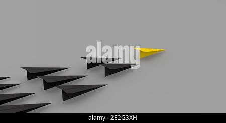 Concetto di seguire il leader. Il colore giallo del piano della carta porta una folla di piani neri. Rendering 3D concettuale aziendale Foto Stock