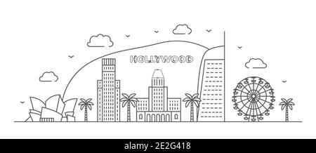 Los Angeles linea disegno illustrazione di Hollywood in stile linea sopra sfondo bianco Illustrazione Vettoriale