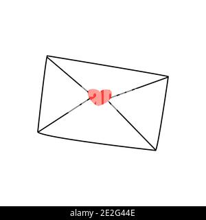 Inviluppo con cuore. Buon giorno di San Valentino. Dichiarazione d'amore, sentimenti, complimenti card. Illustrazione vettoriale isolata in doodle stiletto disegnato a mano Illustrazione Vettoriale