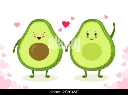 Felice valentines giorno biglietto di auguri, coppia avocado tenere le mani. Avocado kawaii verde con cuori rosa disegnato a mano. Romantico banner amore vettore illustrazione Illustrazione Vettoriale