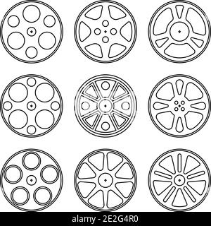 Bobina pellicola. Bobina filmato. Icone con linee sottili. Illustrazione vettoriale Illustrazione Vettoriale