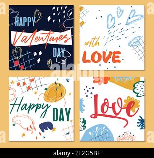 Set di modelli di giorno di San Valentino astratti alla moda. Per opuscoli pubblicitari, biglietti d'auguri e post sui social media. Design moderno con elementi astratti i Illustrazione Vettoriale