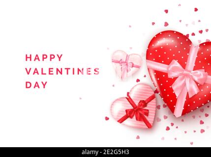 Biglietto d'auguri per San Valentino. Scatole regalo a forma di cuore con fiocco di seta e confetti sullo sfondo. Illustrazione vettoriale Illustrazione Vettoriale