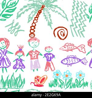 Disegno per bambini senza interruzioni. Pastelli di cera colorati. Icone, segni, simboli, perni. Vacanza in famiglia. Palma, famiglia, pesce, fiori, farfalla Illustrazione Vettoriale