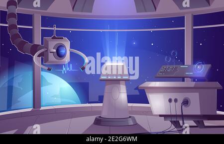 Centro di controllo navicella spaziale, interno cabina capitano con pannello hud centro dati e ampie finestre vista cosmo. Orlop alieno futuristico, cockpit in veicolo spaziale, razzo interstellare Cartoon vettore illustrazione Illustrazione Vettoriale