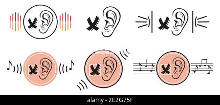 Impostazione dell'icona di sordità della mancanza di udito. Nessun suono. L'orecchio umano non sente, silenzio. Compromissione della percezione sensoriale. Disabilità e aiuti non udenti. Vettore piatto Illustrazione Vettoriale