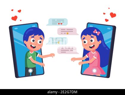 Corrispondenza di amanti nel messaggero per San Valentino. Romanticismo a distanza. flat vettore illustrazione. Illustrazione Vettoriale