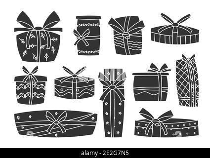 Regali per le vacanze, set di silhouette in glifo retrò. Modelli, scatole regalo con nastro. Sorpresa di Natale. Celebrazione simbolo Capodanno. Elemento di concetto buon compleanno. Isolato su illustrazione vettoriale bianca Illustrazione Vettoriale