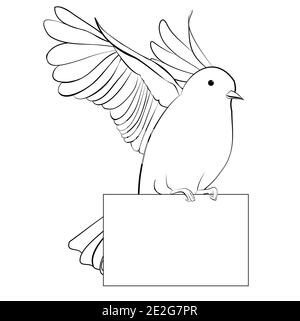 Colomba line art con foglio di carta vettoriale illustrazione monocromatica, segno bianco e nero isolato su sfondo bianco. Uccello volante. Illustrazione Vettoriale