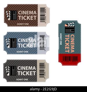 Biglietto per il cinema. Biglietti per il cinema isolati. Etichetta coupon con pellicola. Pass d'ingresso per spettacoli, festival o teatri su sfondo bianco. Modello di illustrazione realistico di Illustrazione Vettoriale