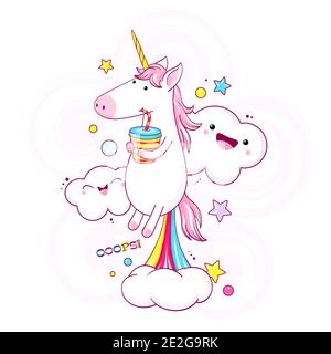 Carino unicorno che galleggia nell'aria e si allena con arcobaleno e fumo che esplode dal suo fondo. Cartoon farting unicorn e OOPS iscrizione. CAN b Illustrazione Vettoriale