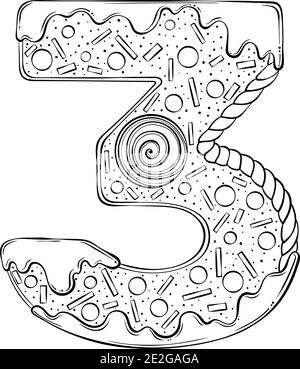 Numero di serie 3. Biscotti di pan di zenzero nella forma del numero tre. Font vettoriale cartoon in stile grafico a linee disegnate a mano isolato su sfondo bianco. Modello con logo per lettere. Disegno di libro di colorazione. Illustrazione Vettoriale