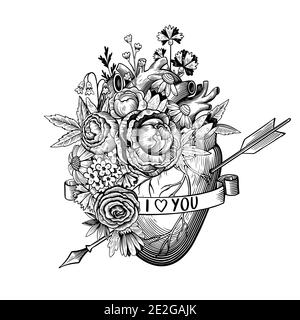 Vintage illustrazione del cuore trafitto da una freccia in stile incisione con fiori retrò. Disegno vettoriale in bianco e nero. Illustrazione Vettoriale