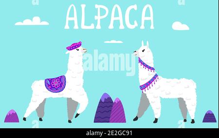 Cute Lamas con montagne e cactus in vettore. Illustrazione del personaggio dei lama disegnata a mano ed elementi di cactus per il design della stanza dei bambini, poster, saluto, birt Illustrazione Vettoriale