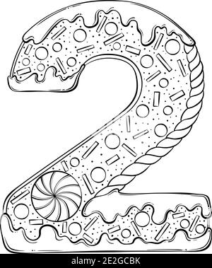 Numero di serie 2. Biscotti di pan di zenzero nella forma del numero due. Font vettoriale cartoon in stile grafico a linee disegnate a mano isolato su sfondo bianco. Modello con logo per lettere. Disegno di libro di colorazione. Illustrazione Vettoriale