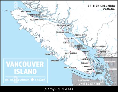 Vancouver Island Map con Greater Vancouver, British Columbia, Canada e parti dello stato di Washington, Stati Uniti. Mappa turistica con luoghi chiave. Illustrazione Vettoriale