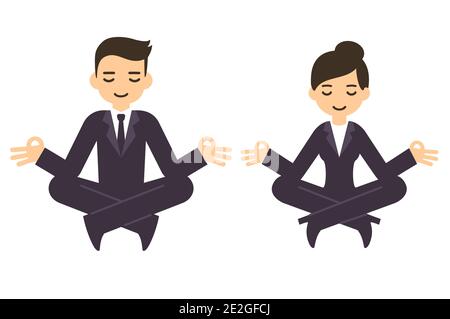 Cartone animato uomo d'affari e donna in abiti formali meditando in posa lotus. Illustrazione della clip art vettoriale isolata. Illustrazione Vettoriale