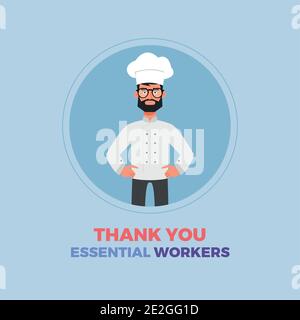 Chef uomo blu ringrazia Essential Workers logo - Vector Illustrazione Vettoriale