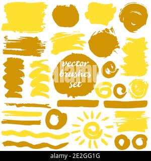 Raccolta di elementi sporchi. Ampia serie di tratti a due colori, pennelli, punti, inchiostri, tratti e linee. Illustrazione vettoriale isolata. Tonalità gialle Illustrazione Vettoriale