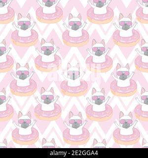 Motivo senza cuciture con un cartoon francese bianco e nero cuccioli Bulldog in un bicchiere su sfondo rosa. Illustrazione vettoriale. Illustrazione Vettoriale