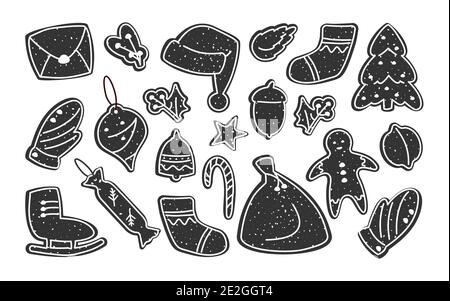 Biscotti di pan di zenzero insieme di modello di glifo di natale. Dessert invernale. Decorazioni tradizionali con vetri. Pasticceria come simbolo Capodanno vacanze. Delizioso spuntino festivo. Isolato su illustrazione vettoriale bianca Illustrazione Vettoriale