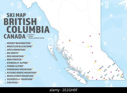 Mappa sciistica della British Columbia, Canada. BC Map con le icone per le località sciistiche, sci e sci di fondo. Guida turistica invernale o informazioni sugli sci. Illustrazione Vettoriale