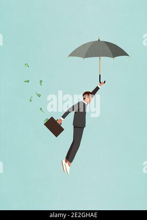 Investitore maschile con ombrello e denaro valigetta di volo Foto Stock