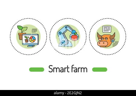 Concetto Smart Farm Outline. Icone a colori delle linee di gestione di piante e animali. Pittogrammi per pagina Web, app mobile, promo. Illustrazione Vettoriale