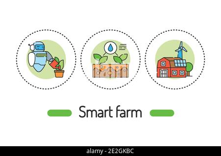 Concetto Smart Farm Outline. Icone a colori delle linee di gestione di piante e animali. Pittogrammi per pagina Web, app mobile, promo Illustrazione Vettoriale