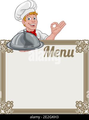 Chef Cook Baker Cartoon Man Menu segno sfondo Illustrazione Vettoriale