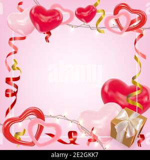 San Valentino sfondo giorno con cuori rosa e rosso, ghirlande lucenti, scatola da regalo, Tinsel. Carino composizione romantica per biglietto d'auguri, volantino, banner Illustrazione Vettoriale