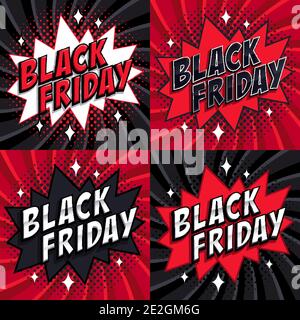 Set di sconti Black Friday. Banner modello stile fumetto. 4 iscrizione Black friday su sfondo nero e rosso. Pop-art fumetti stile web banner, flash Illustrazione Vettoriale