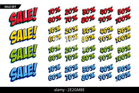 Grande set di vendita. Pop-art stile fumetti isolato su bianco. Iscrizione in vendita a quattro colori e 10, 20, 30, 40, 50, 60 70 80 90100 per cento di segni vettore Illustrazione Vettoriale