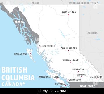 Mappa della Columbia Britannica, Canada. Semplice mappa turistica BC con città di destinazione, autostrade, laghi e province canadesi circostanti. Illustrazione Vettoriale