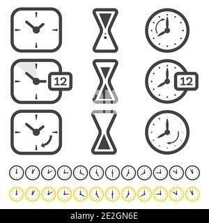 Impostazione dell'ora e dell'icona dell'orologio isolate su bianco. Illustrazione vettoriale. Oggetti di contorno. Illustrazione Vettoriale