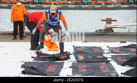 Giacarta, DKI Jakarta, INDONESIA. 14 gennaio 2021. La nave Basarnas ha abbassato 36 parti del corpo e un sacchetto di detriti dall'aereo Srijaya JS 182 che sono stati presi dal luogo di incidente. Credit: Denny Pohan/ZUMA Wire/Alamy Live News Foto Stock